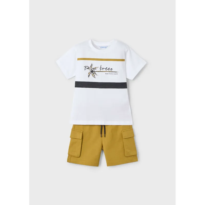 2PC WHITE & BROWN SHORT SET PALM TREES CARGO POCKET / 3605-086