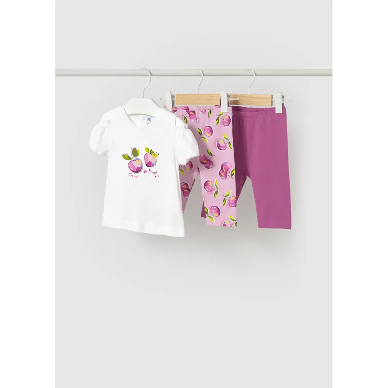 3PC WHITE LEGGING SET WITH MAUVE & FLORAL PRINT LEGGING FRUIT PRINT / 1740-043