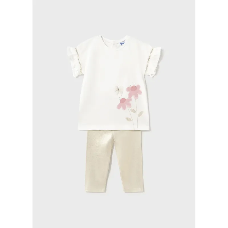 2PC CREAM LEGGING SET GOLD LAME LEGGING 2 PINK FLOWERS / 1734-86
