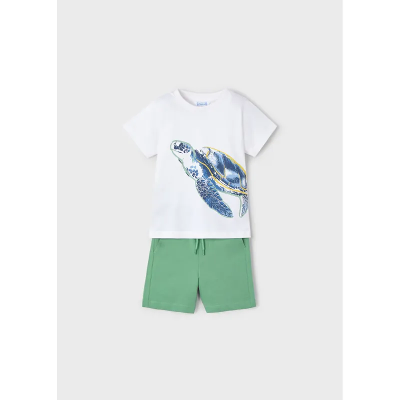 2PC WHITE & GREEN SHORT SET KNIT TURTLE PRINT / 3609-021