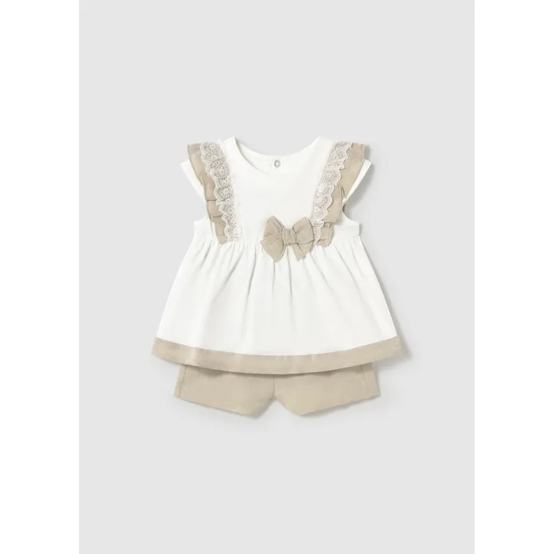 LINEN SHORT SET CREAM & TAN LACE FLOUNCE TRIM / 1236-10