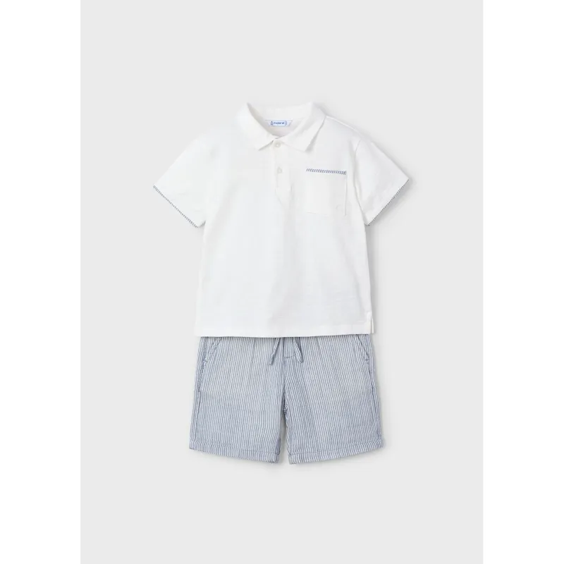 2PC BLUE STRIPED SHORT CREAM POLO TOP WITH POCKET / 3232-036