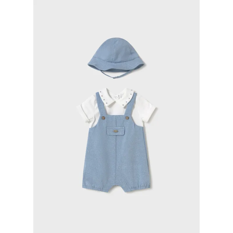 2PC BLUE SHORTALL & HAT IMITATION WHITE SHIRT / 1605-048