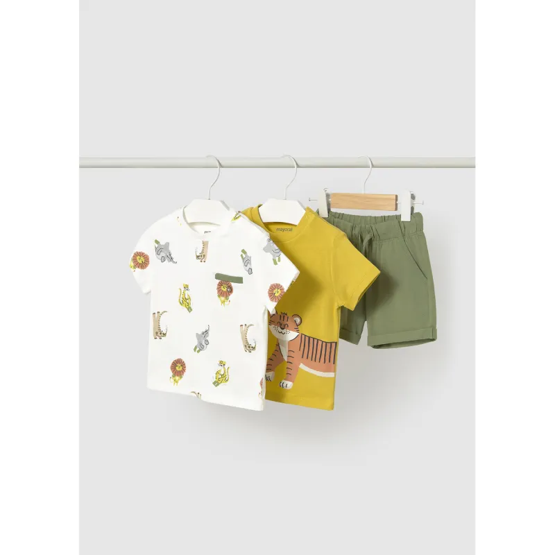 3PC GOLD TOP GREEN SHORTS CREAM ANIMAL PRINT TOP / 1652-19