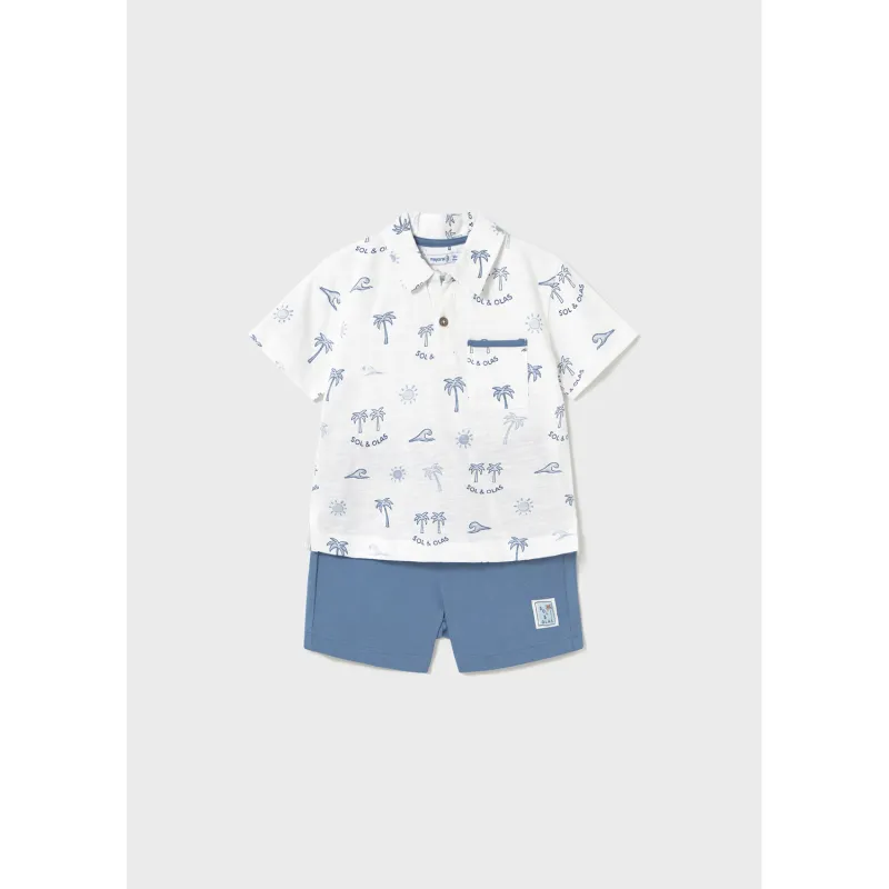 2PC WHITE POLO & BLUE SHORTS PALM TREES PRINT / 1657-035