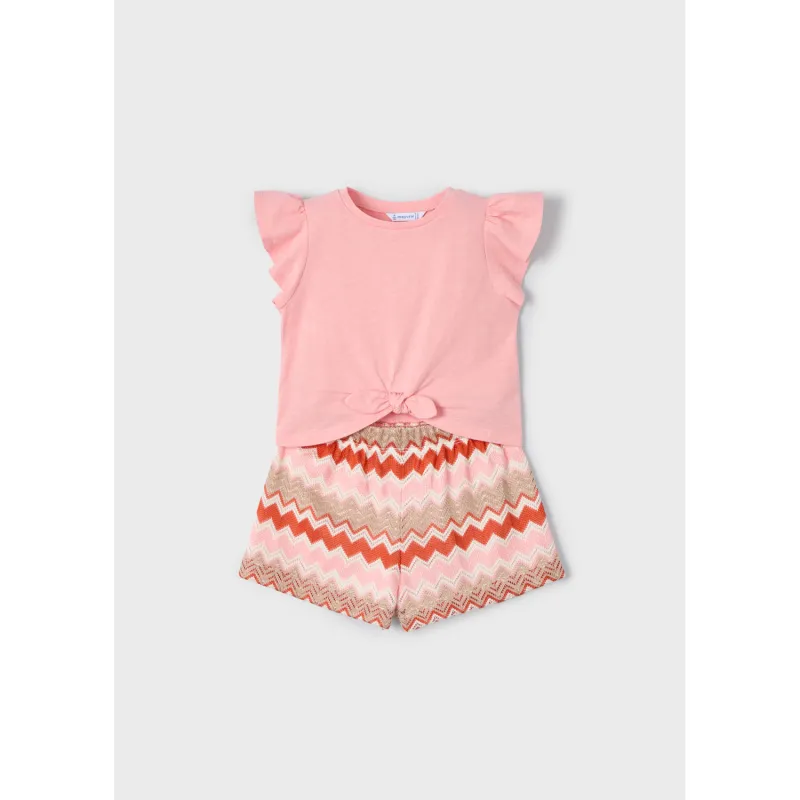 2PC PINK KNIT SHORT SET BROWN ZIGZAG PRINTED SHORT / 3209-055