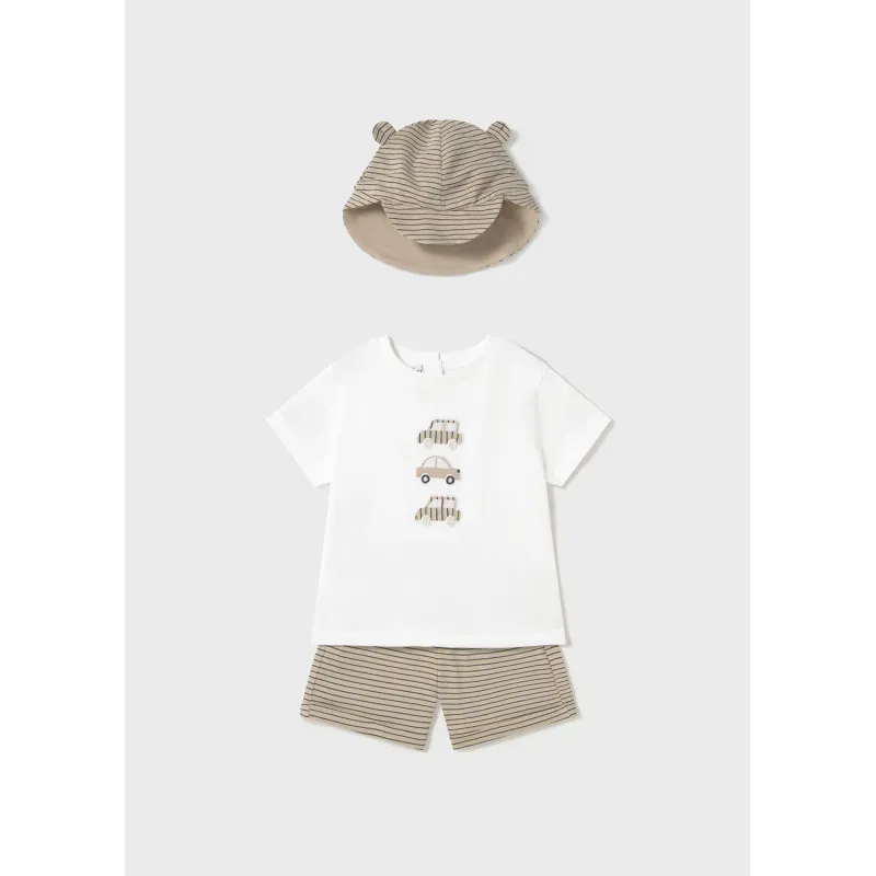 3PC CREAM TSHIRT & BEIGE STRIPED SHORTS & SUNHAT CAR APPLIQUE / 1651-015