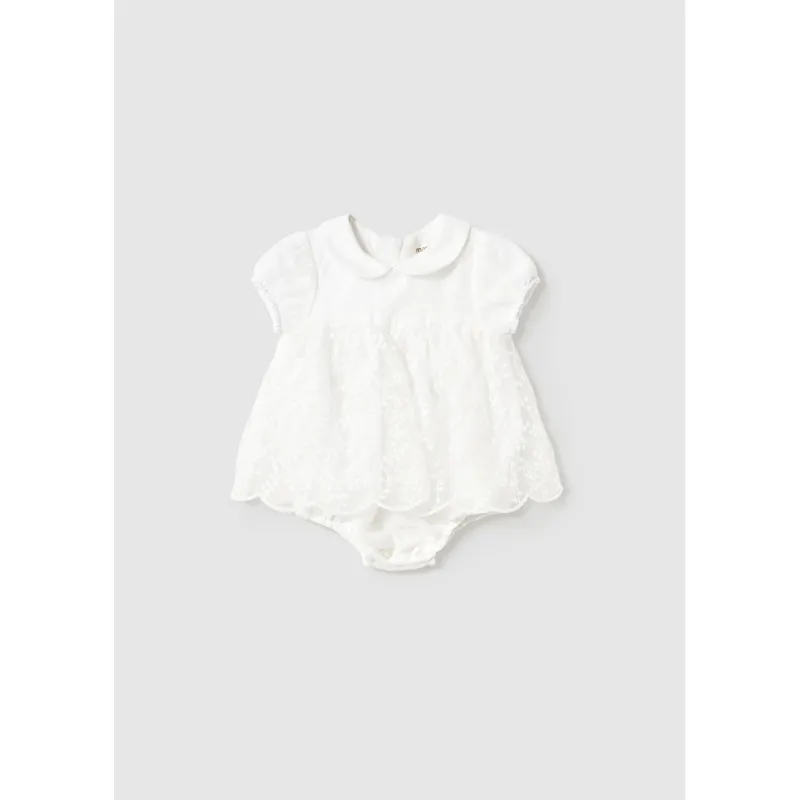 OFF WHITE ROMPER WITH EMBROIDERED TULLE OVERLAY / 1666-001