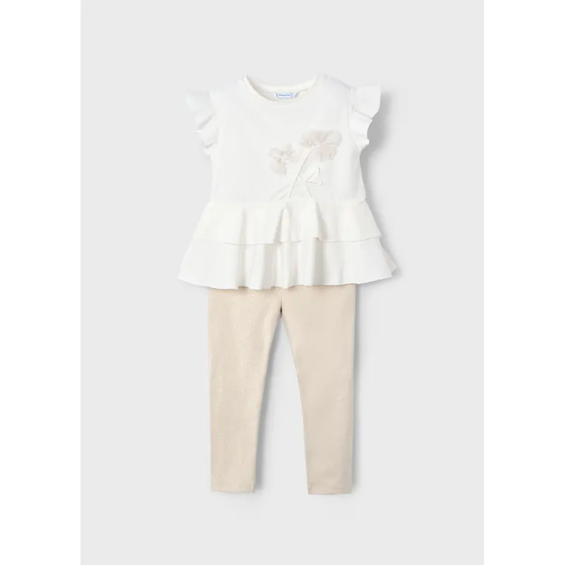 2PC CREAM & GOLD LEGGING SET 2TIER FLARED TOP / 3704-054
