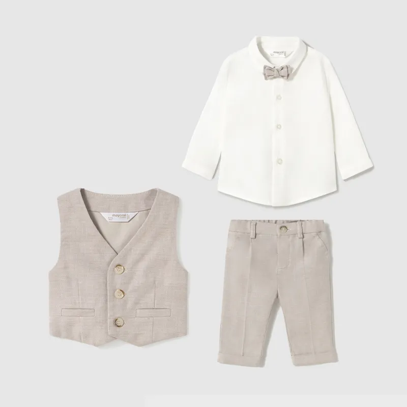 1562 1394 4PC BEIGE & OFF WHITE VEST SET LINEN BOW TIE / 1102-27