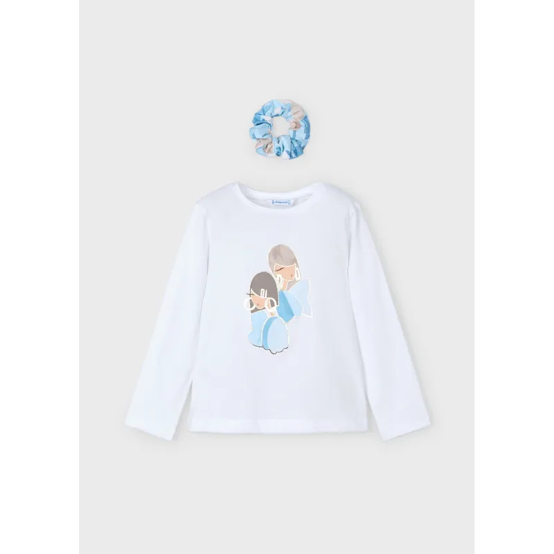 2PC OFF WHITE TSHIRT & BLUE SCRUNCHIE 2 GIRLS PRINT / 3016-045