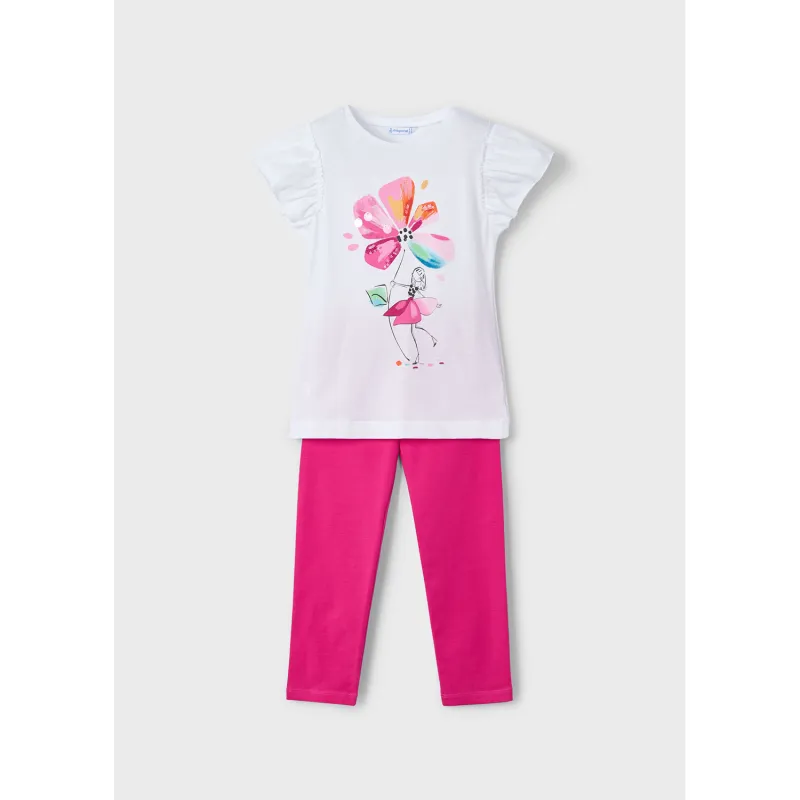 2PC MAGENTA LEGGING SET CREAM TSHIRT PINK FLOWER PRINT / 3705-059