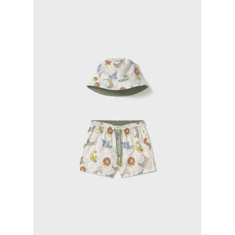 2PC BEIGE SWIM TRUNKS & BUCKET HAT JUNGLE ANIMAL PRINT / 1646-011