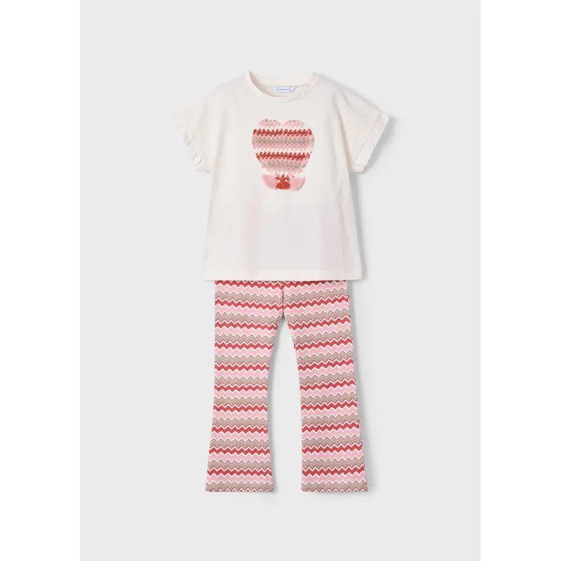 2PC CREAM TOP RED MCL FLARE LEGGING SET CROCHET HEART APPLIQUE / 3709-055