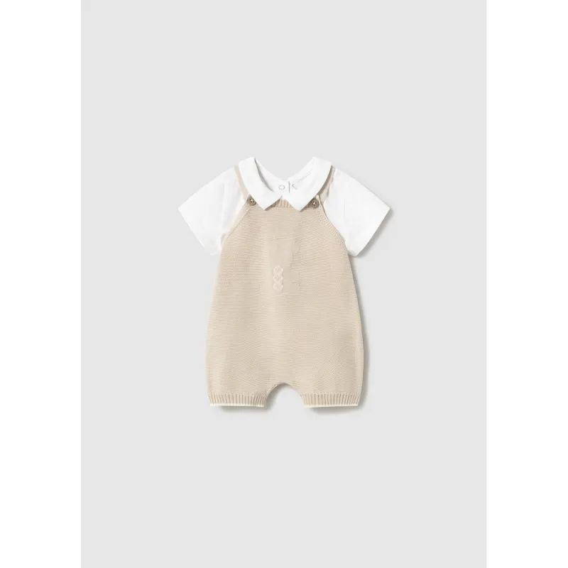 2PC BEIGE SHORT & WHITE TOP KNIT WITH SUSPENDERS / 1607-053