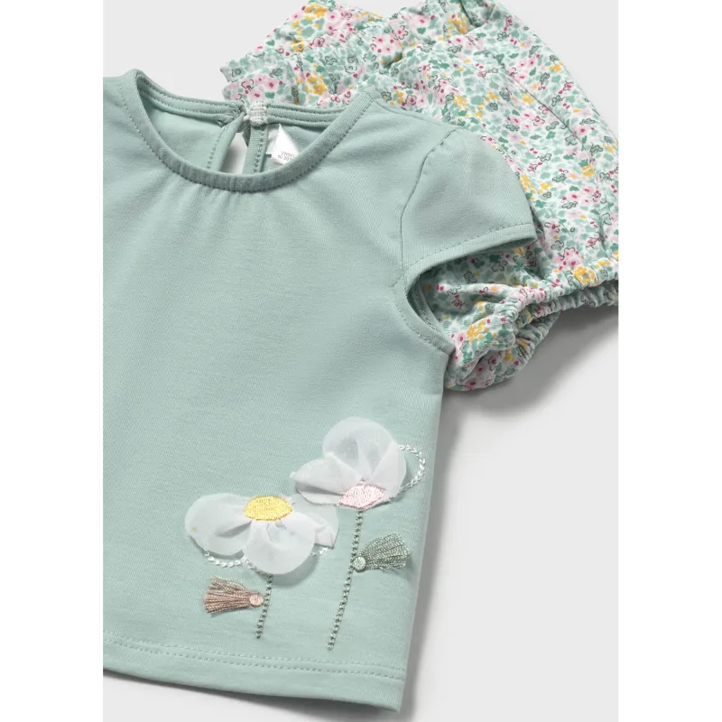 2PC GREEN TSHIRT PRINTED SHORT FLOWER APPLIQUE / 1663-026