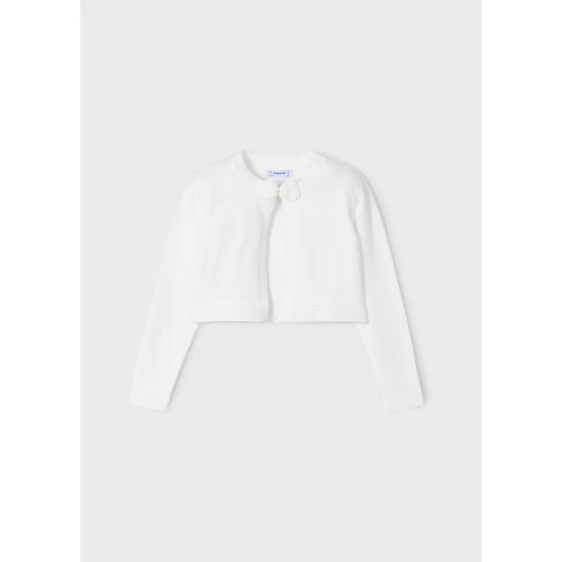 OFF WHITE CARDIGAN RIBBED HEM & SLEEVE BOW TRIM / 321-079