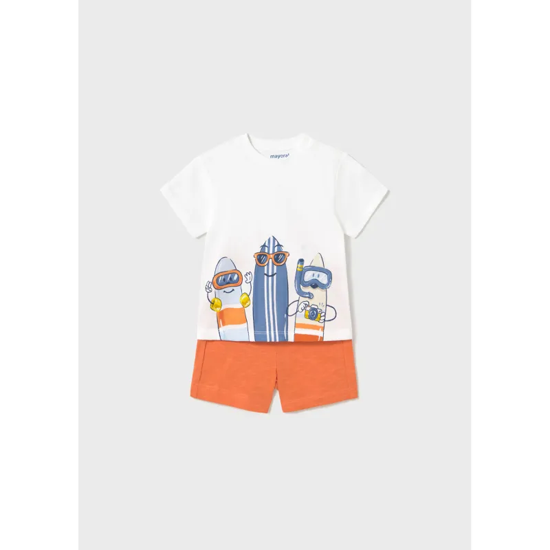 2PC WHITE TSHIRT ORANGE SHORT SURFBOARD PRINT / 1656-024