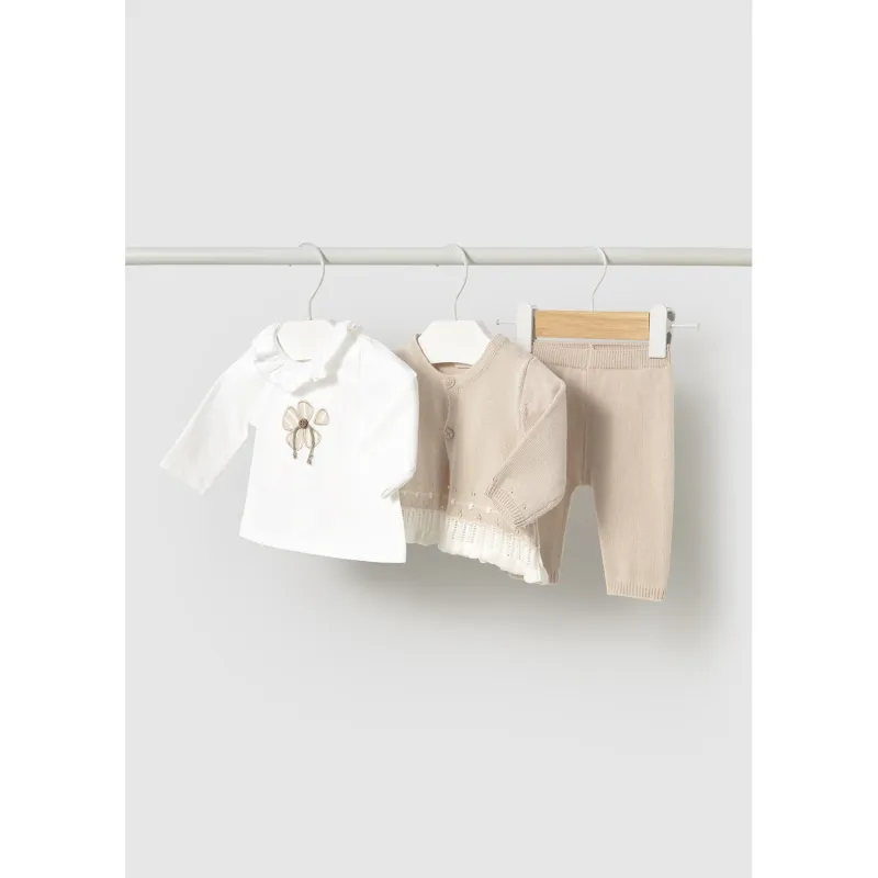 3PC LIGHT BROWN & CREAM KNIT PANT SET FLOWER APPLIQUE / 1589-027