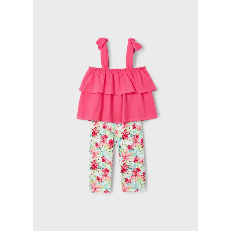 2PC PINK TOP FLORAL LEGGING SET FLARE 2 TIERS / 3710-069