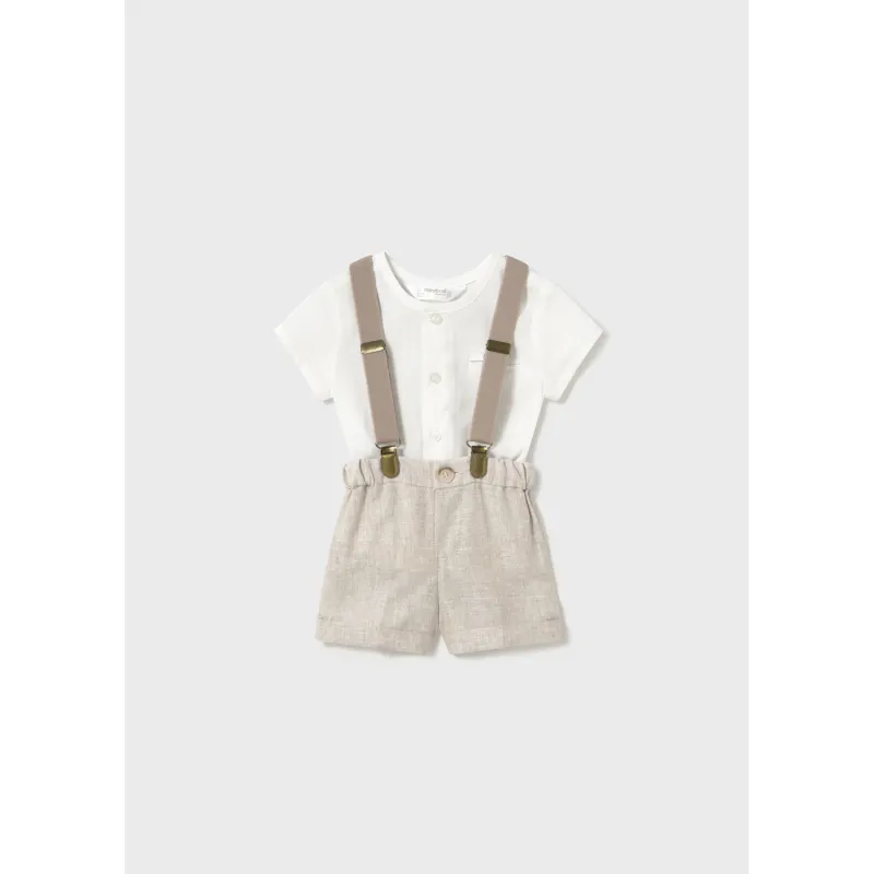 LINEN BEIGE SHORTS & OFF WHITE SHIRT WITH SUSPENDERS ROUND COLLAR / 1215-068