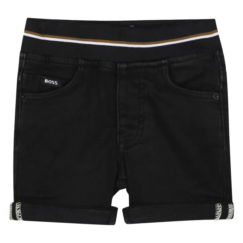 BLACK DENIM SHORTS ELASTIC WAIST / J52091-Z11