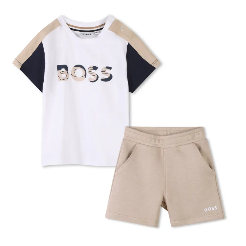 2PC WHITE TSHIRT TAN SHORTS NAVY TRIM BOSS LOGO / J52120-10P