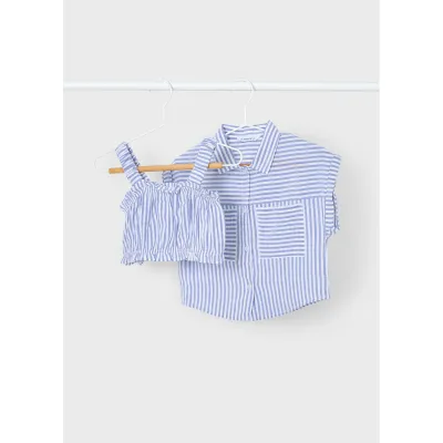 2PC BLUE STRIPE BLOUSE SET 2 POCKETS / 3185-031