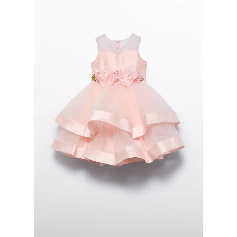 PINK DRESS & BELT SHANTUNG & TULLE COMBINED FLOWER APPLIQUE 2 TIERS / 5035-051