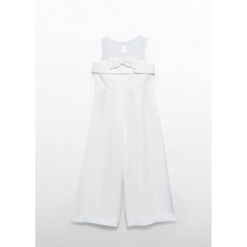 CREAM CREPE JUMPSUIT SHEER NECKLINE BOW TRIM / 5219-094