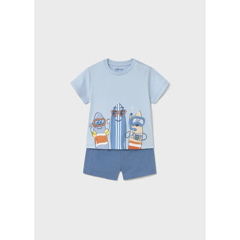 2PC BLUE KNIT SHORT SET SKATEBOARD PRINT / 1656-026