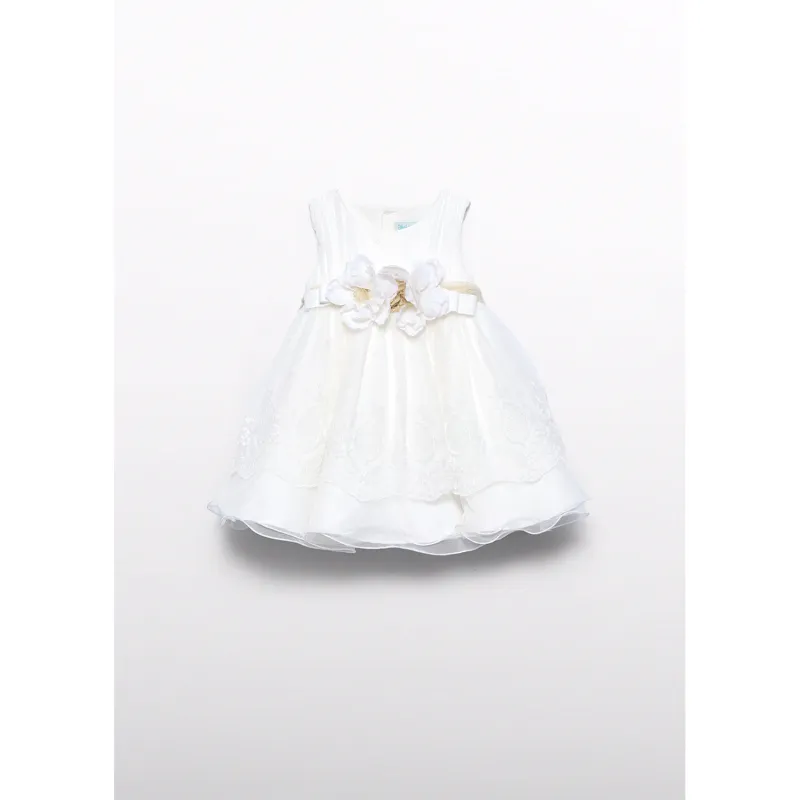 CREAM EMBROIDERED TULLE DRESS GOLD BELT 2 TIERS / 5004-076