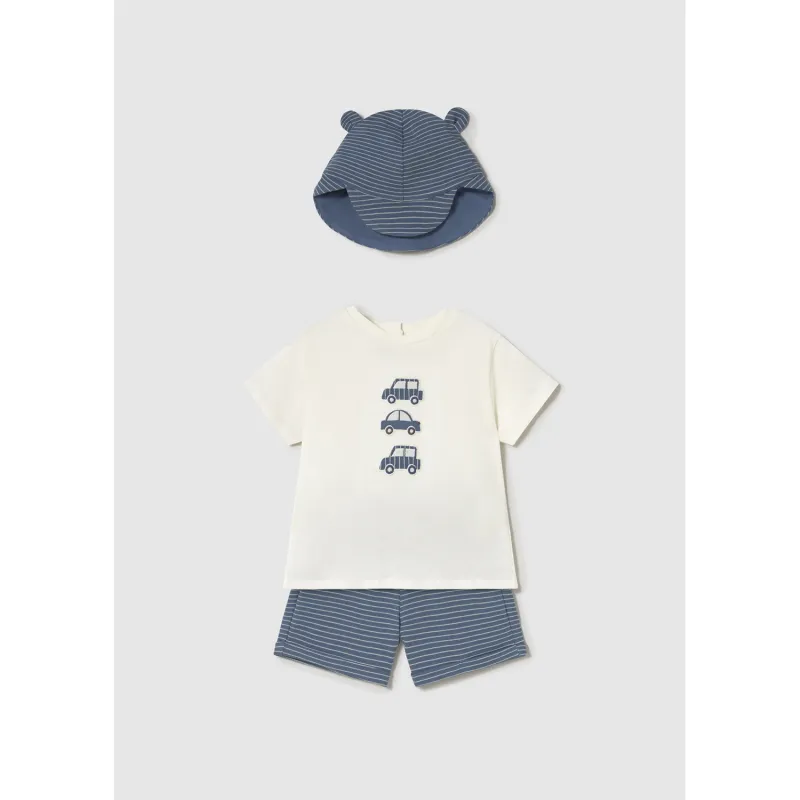 3PC BLUE & CREAM SHORT & HAT SET BLUE STRIPE SHORT / 1651-016