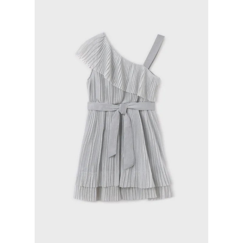 SILVER PLEATED TULLE DRESS & BELT OFF THE SHOULDER / 6977-055