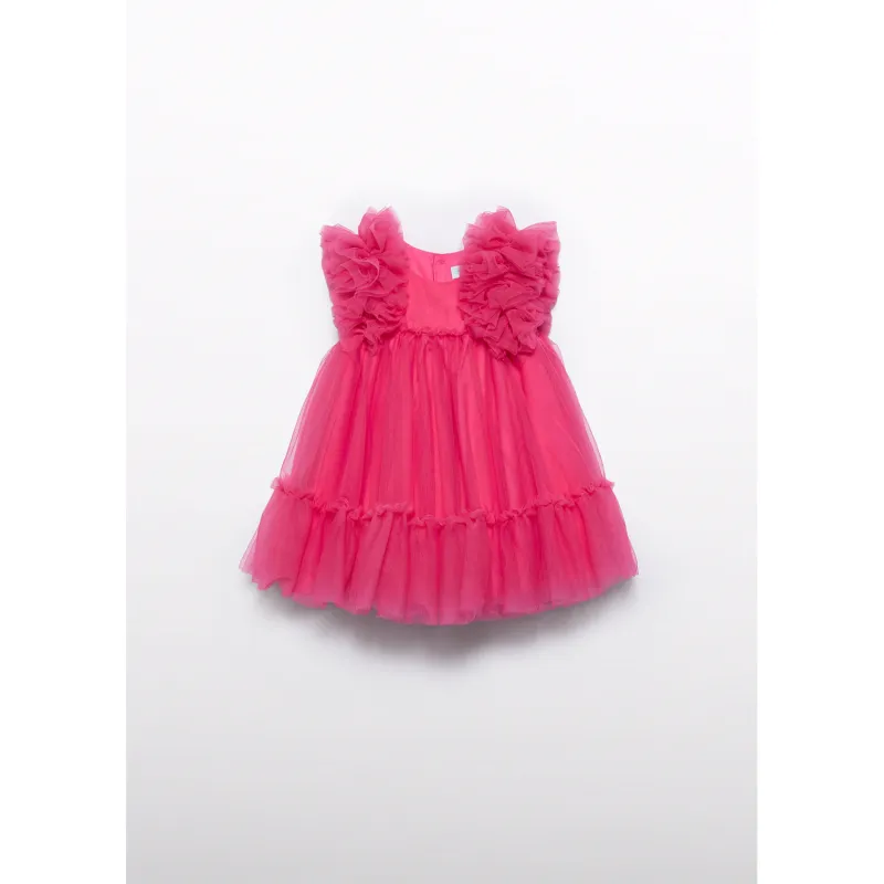 FUSCHIA TULLE DRESS RUFFLED SHOULDER TRIM / 5029-092