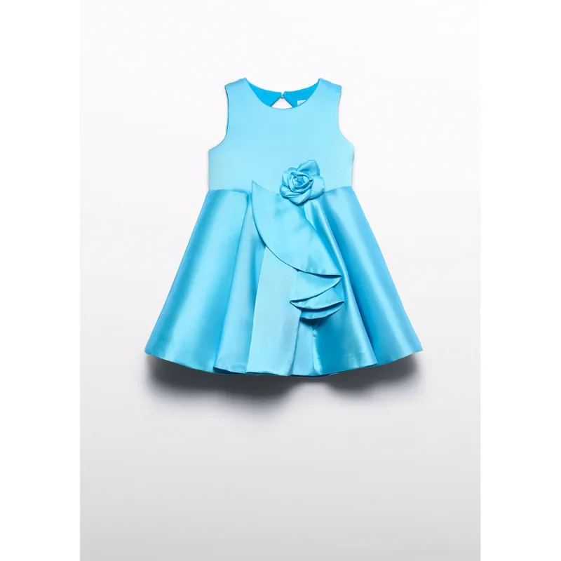 TURQUOISE BLUE DRESS RUFFLED MIKADO FLOWER APPLIQUE / 5070-006