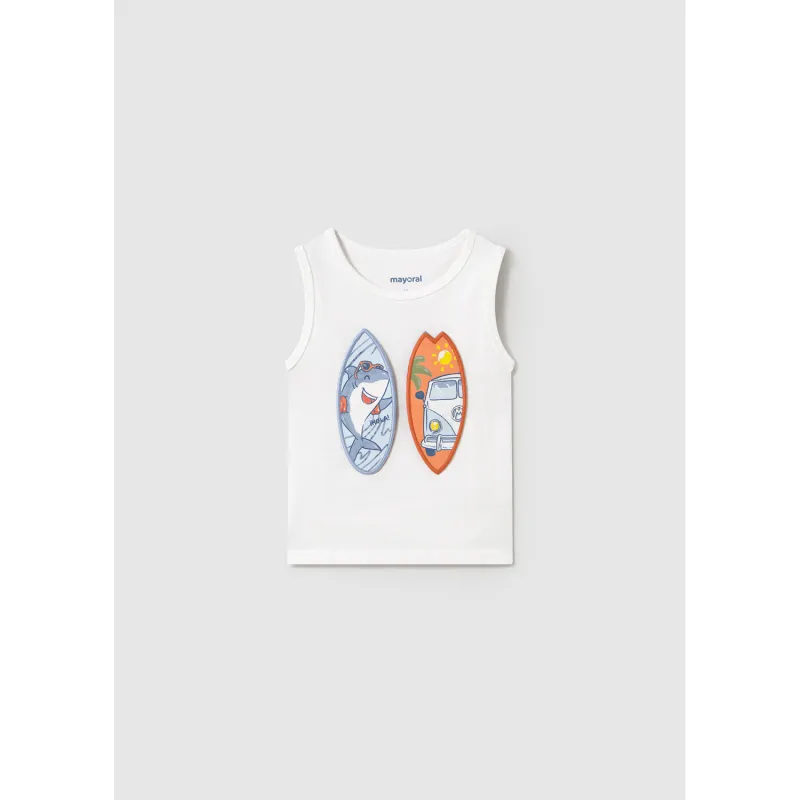 WHITE TANK TOP SURF BOARD APPLIQUE SHARK / 1069-068