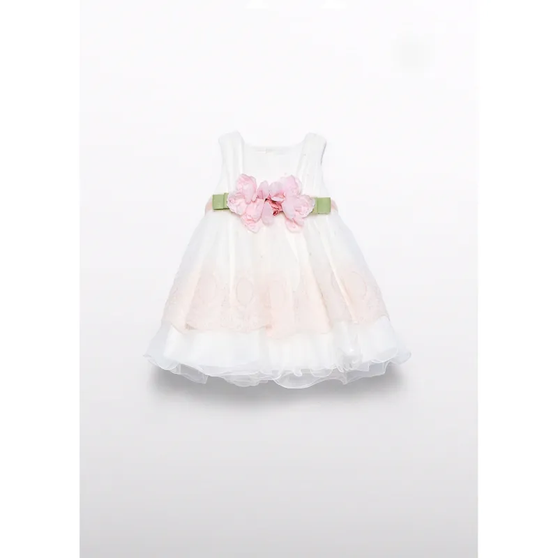 CREAM & PINK DRESS EMBROIDERED TULLE WITH BELT & FLOWER APPLIQUE / 5004-077