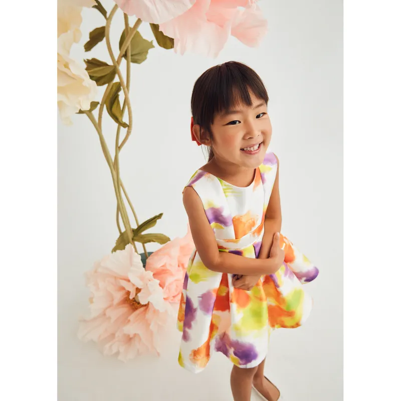 MULTICOLORED MIKADO DRESS PRINT OPEN BACK W/BELT PLEATED DRESS & BELT MULTI / 5065-005