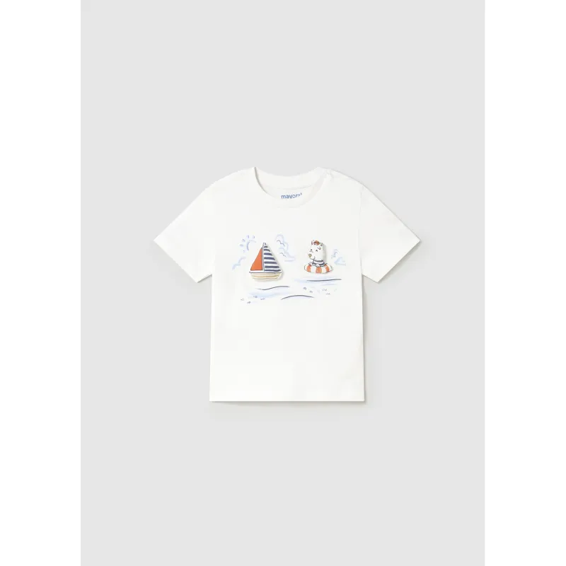 WHITE TSHIRT SAILBOAT & PUPPY APPLIQUE SHORT SLEEVE / 1059-032