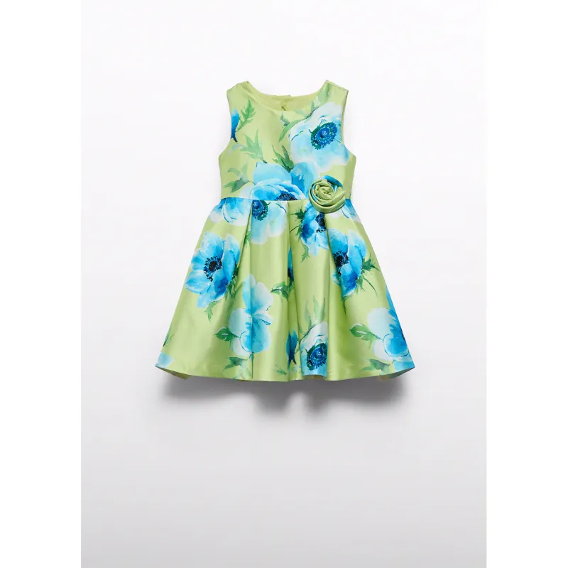 LIME GREEN MIKADO DRESS BLUE FLOWER PRINT PLEATED / 5069-086