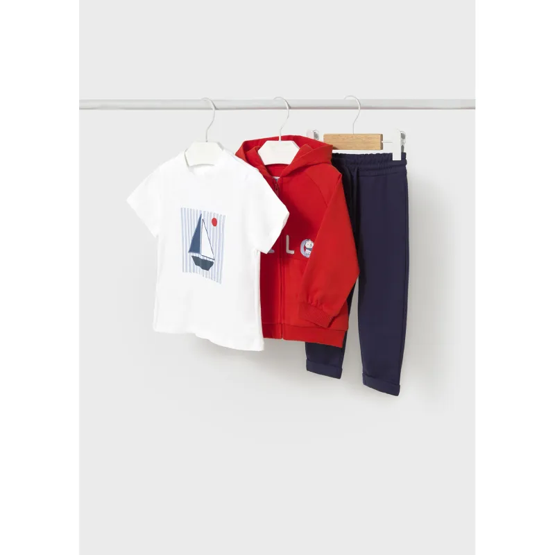 3PC RED & NAVY TRACKSUIT HOODED WHITE TSHIRT / 1842-034