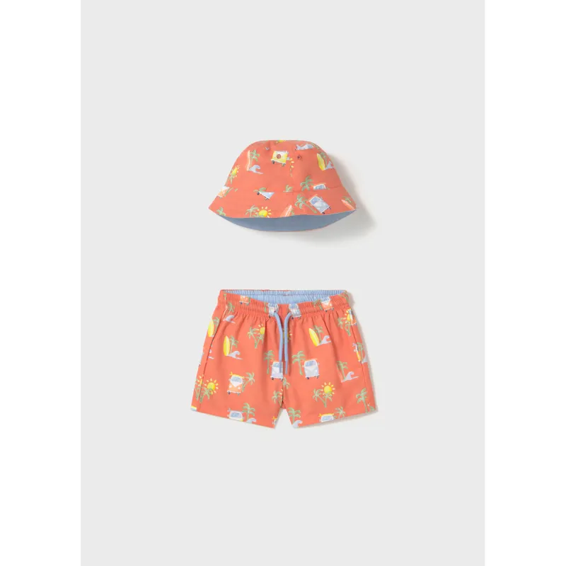 2PC ORANGE SWIM SHORTS & BUCKET HAT PALM TREE PRINT / 1646-012