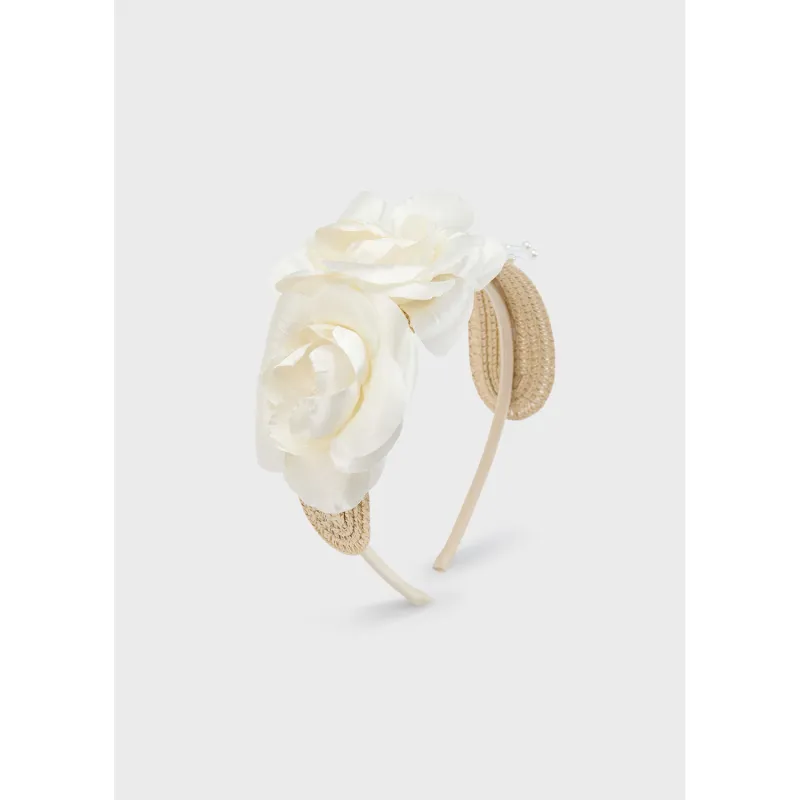 OFF WHITE HEADBAND 2 FLOWERS & STRAWLIKE TRIM / 10-921-060