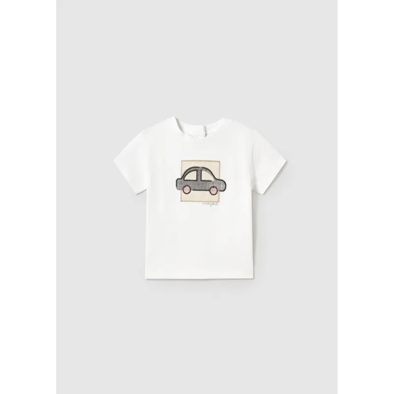WHIT TSHIRT GREY CAR APPLIQUE SHORT SLEEVE / 1052-092