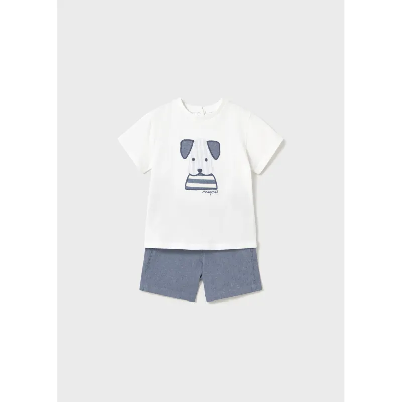 2PC CREAM TSHIRT BLUE SHORT PUPPY APPLIQUE / 1252-036