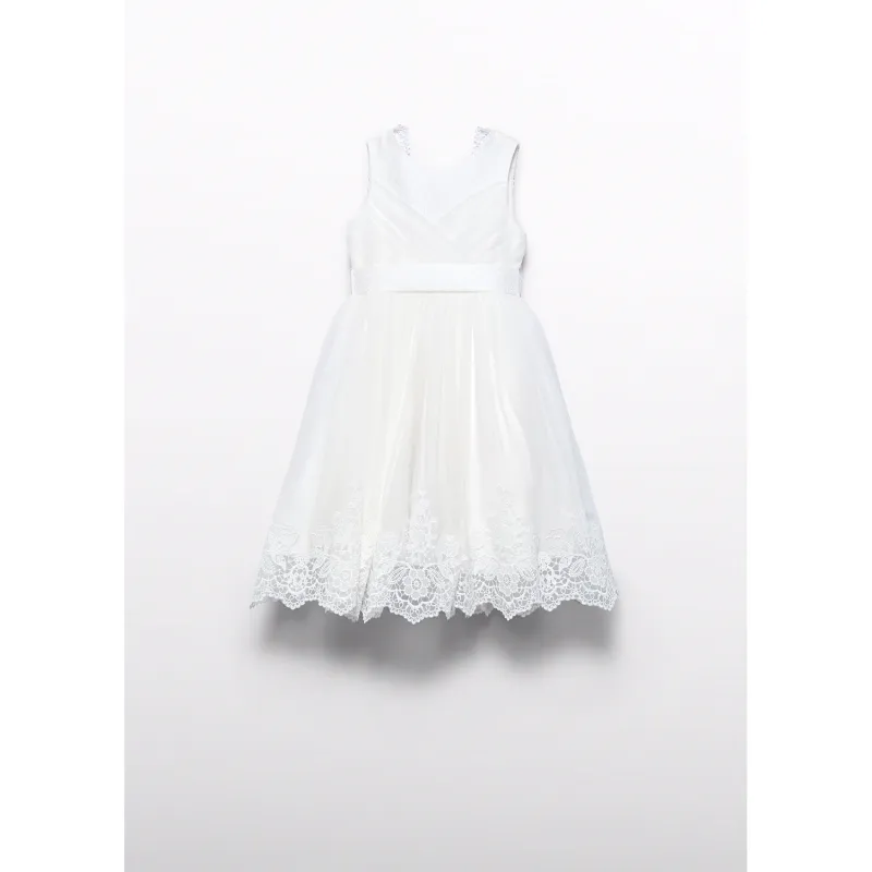 CREAM EMBROIDERED TULLE DRESS PLEATED BODICE / 5033-007