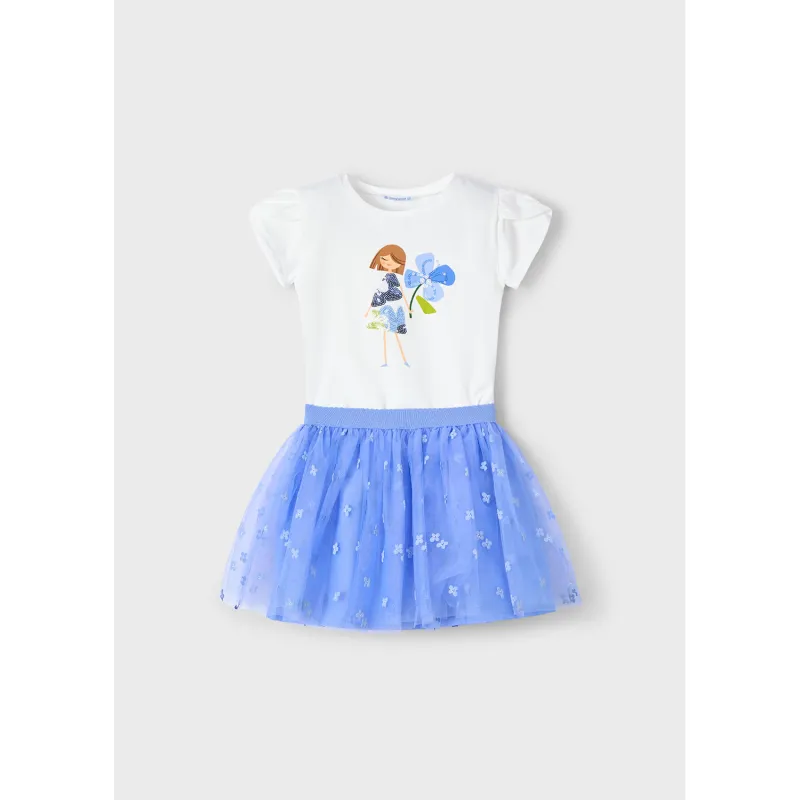 2PC WHITE & BLUE TULLE SKIRT SET FLOWER PRINT & APPLIQUE & SEQUINS / 3946-049