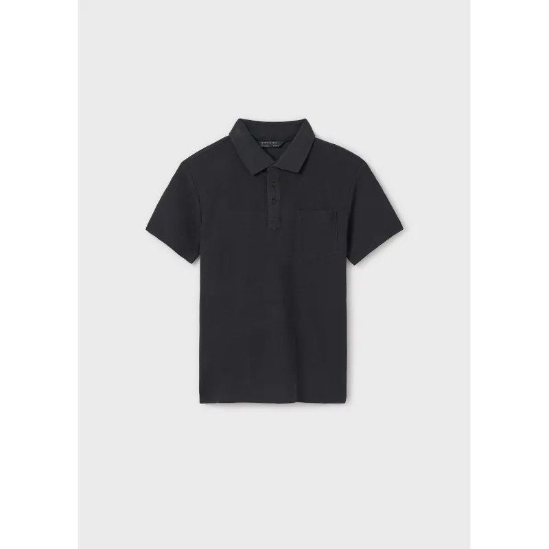 BLACK POLO TOP SHORT SLEEVE WAFFLE PRINT / 6128-019