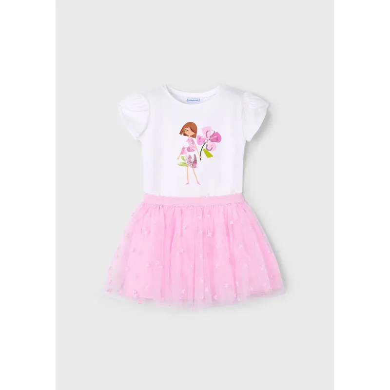 WHITE & PINK 2PC TULLE SKIRT SET SEQUIN & FLOWER APPLIQUE/PRINT / 3946-051